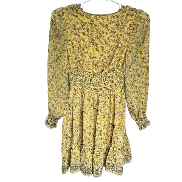 Max Studio Floral Mini Dress Yellow Size S Chiffon Long Sleeve Ruffles V-Neck - Picture 5 of 14